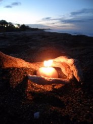 candle in driftwood